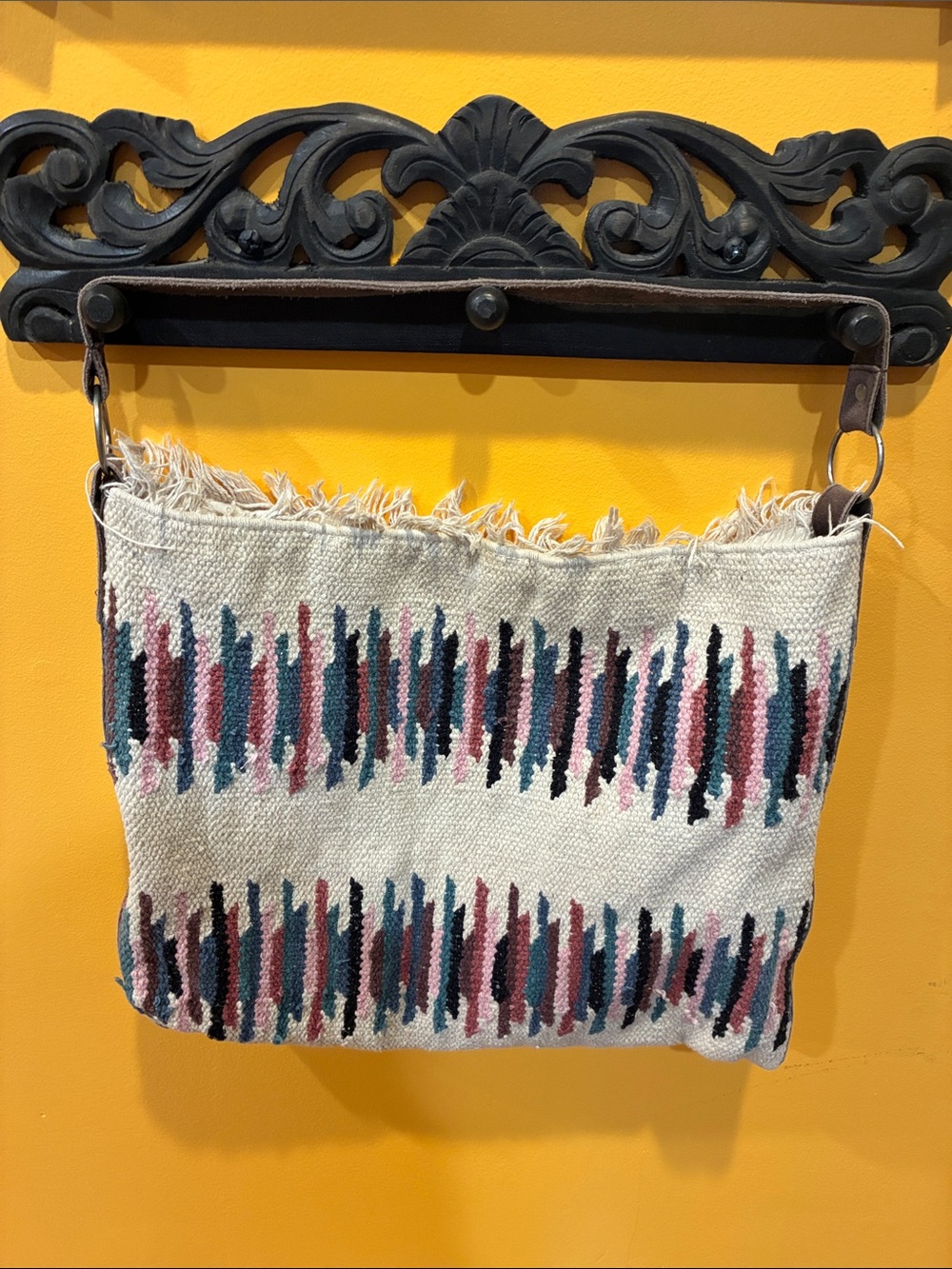 Handwoven Cream Fringe Tote with Pink & Blue Stripe Accents